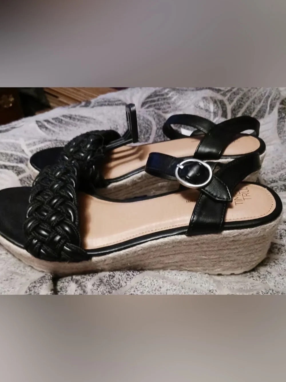 Time and Tru Black Woven Espadrille Wedge Sandals